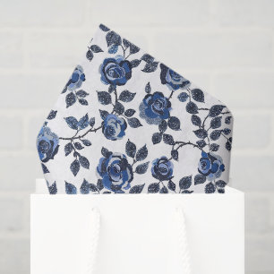 Papel De Seda Folhas Florais Brancas Azuis de Aniversário
