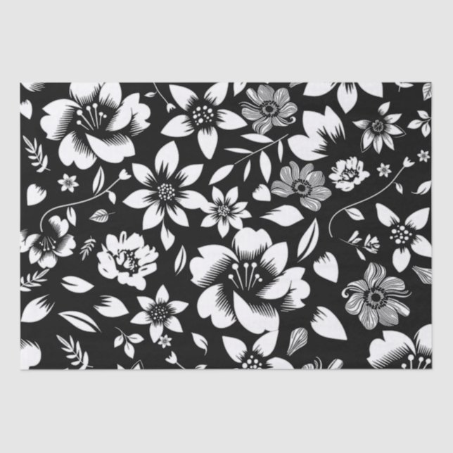 Papel De Seda Folhas Florais Modernas Brancas Negras Brilhantes (Frente )