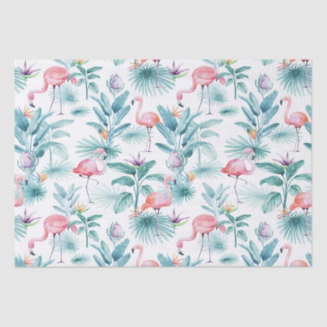 Papel De Seda Folhas tropicais cor-de-rosa flamingos (Frente )