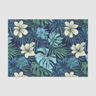 Papel De Seda Folhas tropicais e flores azuis e brancas