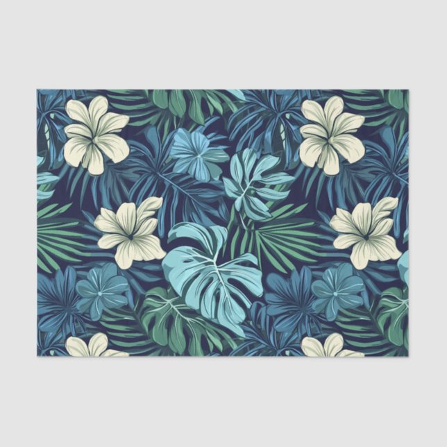 Papel De Seda Folhas tropicais e flores azuis e brancas (Frente )