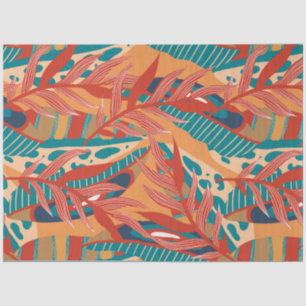 Papel De Seda Folhas tropicais em Teal, Vermelho, Laranja