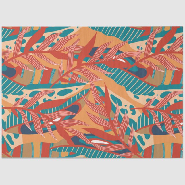 Papel De Seda Folhas tropicais em Teal, Vermelho, Laranja (Frente )