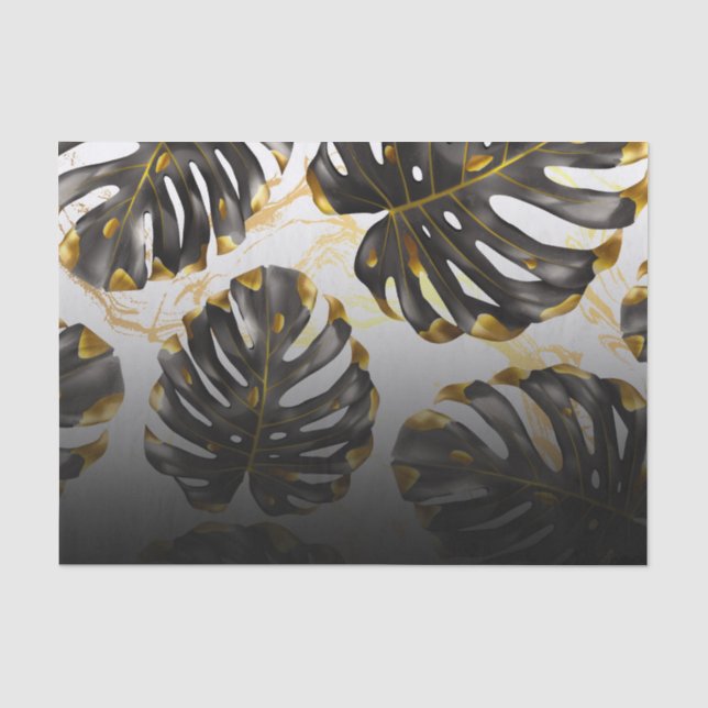 Papel De Seda Folhas tropicais pretas e Ouros (Frente )