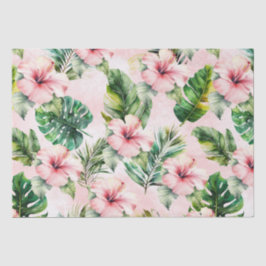 Papel De Seda Folhas Tropicais Rosa Hibiscus Floral