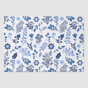 Papel De Seda Folk Art Botânico Impressão Azul Folhagem Branca