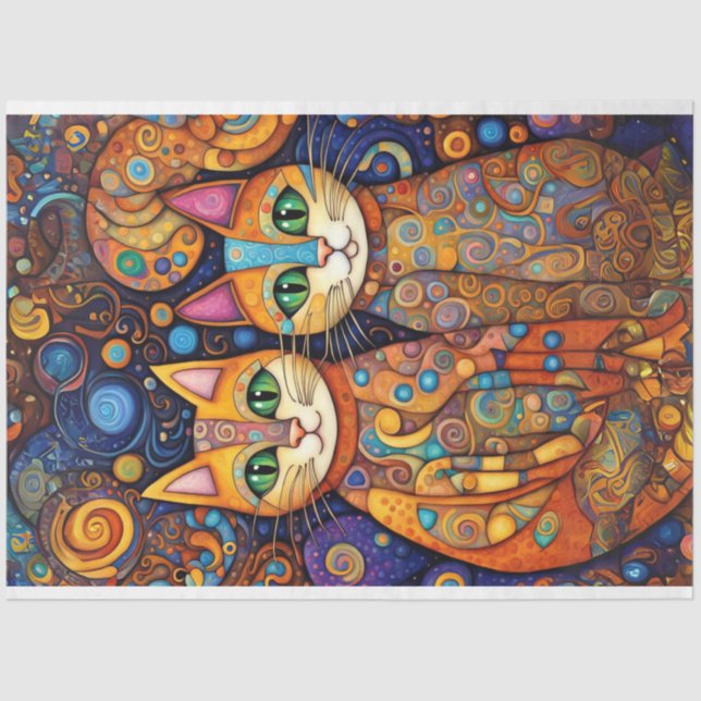 Papel De Seda Folk Art Bright Colorida Cats Decoupage (Frente )