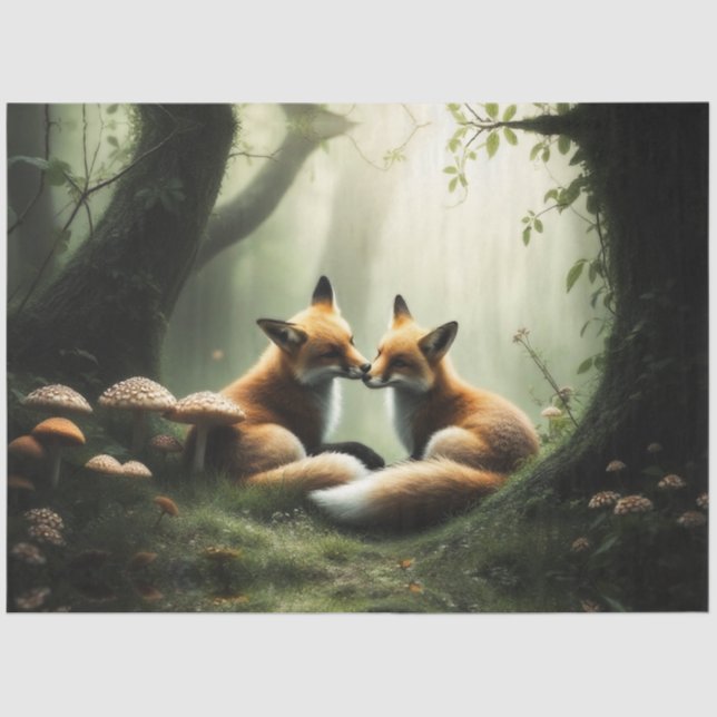 Papel De Seda Fox Cuddle in Misty Forest (Frente )