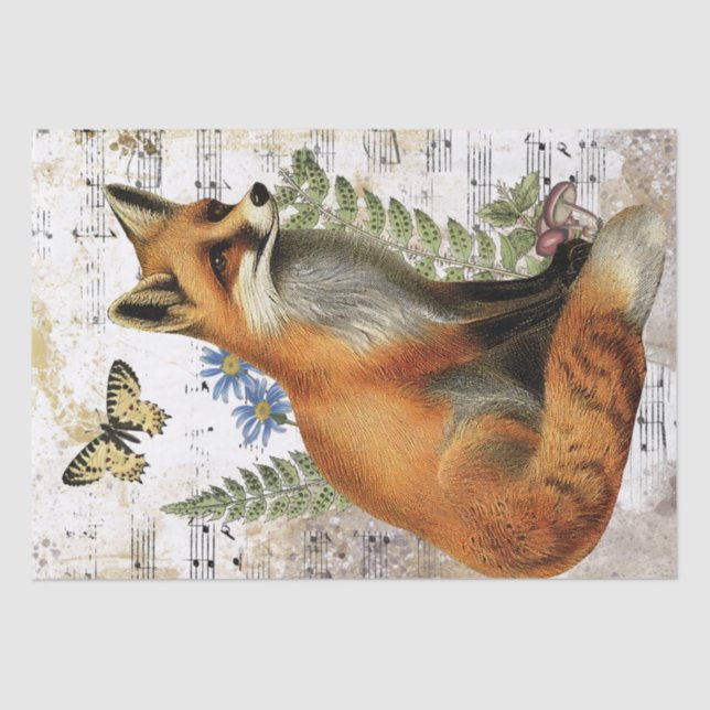 Papel De Seda Fox Fern Butterfly Música Dourada Decoupage Ideia (Frente )