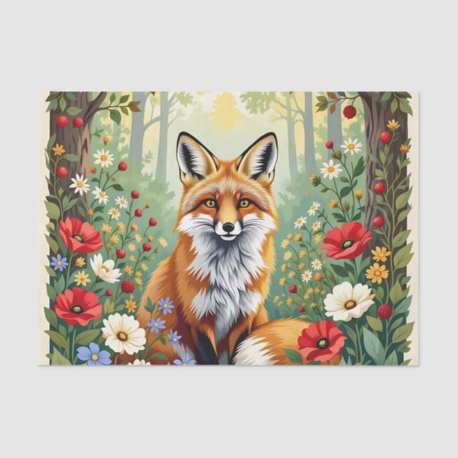 Papel De Seda Fox Wildflower Forest Illustration (Frente )