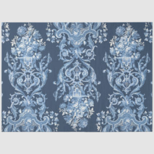 Papel De Seda Francês Floral Elegante Vintage Azul - Nuvem Branc