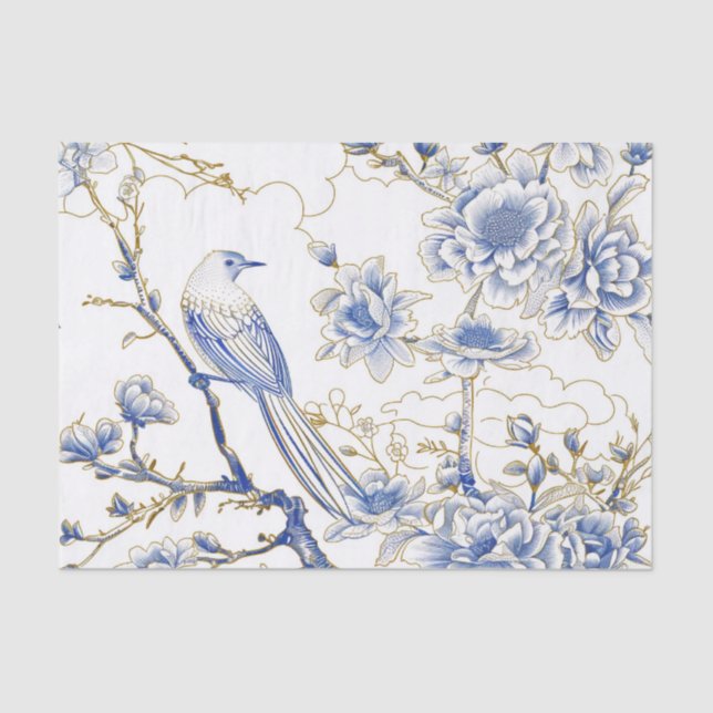 Papel De Seda French-Toile Chinoiserie Bird in Blue and Gold (Frente )