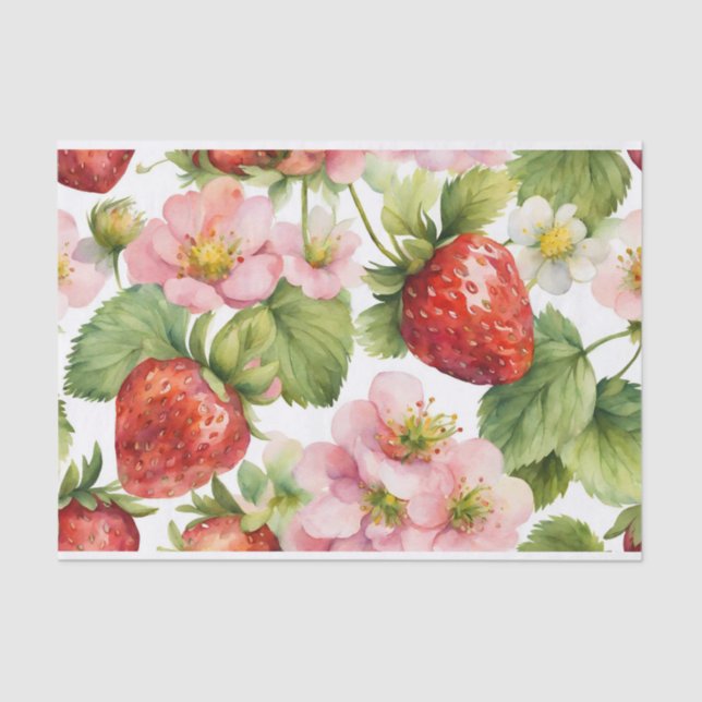 Papel De Seda Fruta de morango e flores rosadas (Frente )