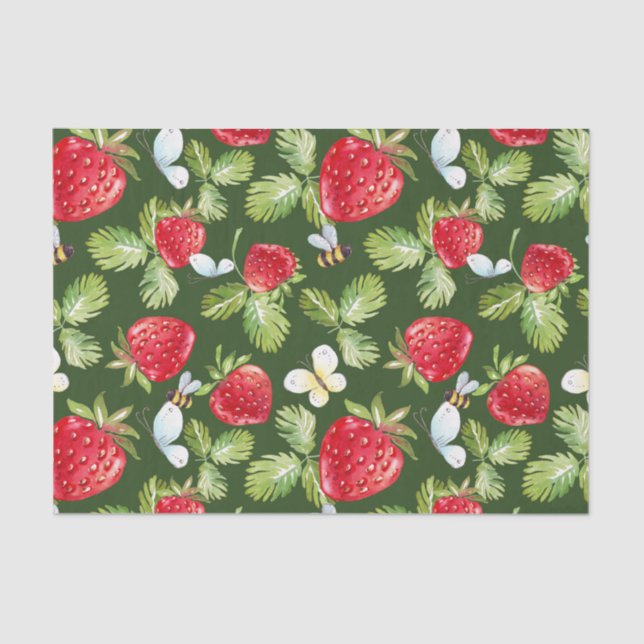 Papel De Seda Frutas de morango, Folhas e Abelhas de Mel (Frente )