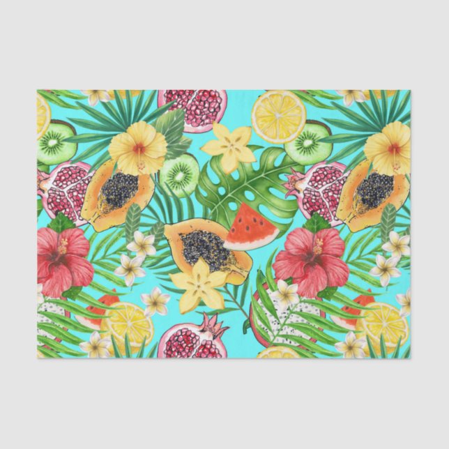 Papel De Seda Frutas tropicais, flores e folhas em azul (Frente )