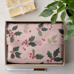Papel De Seda Frutas vermelhas e azevinho em rosa