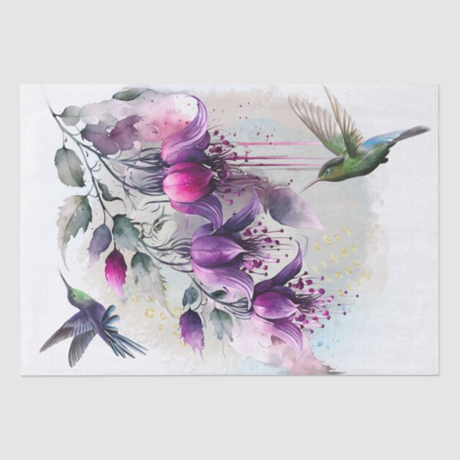 Papel De Seda Fuchsia Flower Hummingbird Watercolor (Frente )