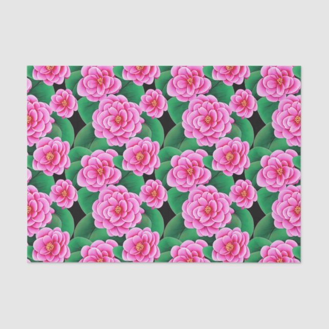 Papel De Seda Fuchsia Pink Camellias e Jade Green Folhas (Frente )