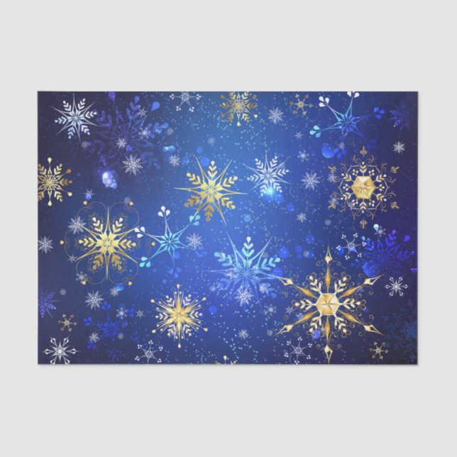 Papel De Seda Fundo Azul XMAS com Flocos de Neve Ouro (Frente )