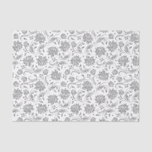 Papel De Seda Fundo Branco dos Damascos Florais Faux Silver (Frente )