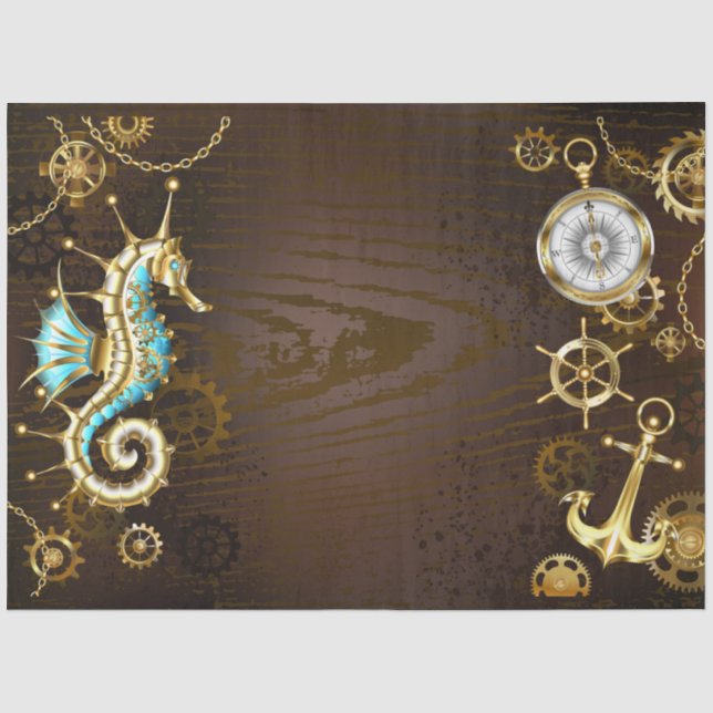Papel De Seda Fundo de madeira com cavalo de mar mecânico (Frente )