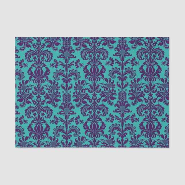 Papel De Seda Fundo Teal dos Damascos Florais Roxos Elegantes (Frente )