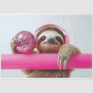 Papel De Seda Funky Sloth com Fones de ouvido cor-de-rosa e Disc