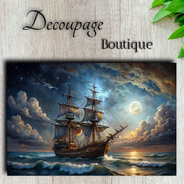 Papel De Seda Galeão ao Luar Imponente Navio à Vela Decoupage