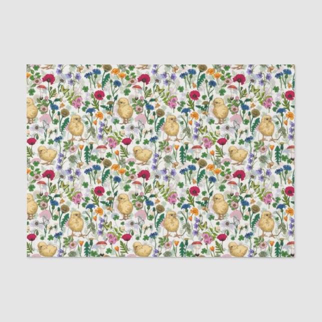 Papel De Seda Galinhas e flores silvestres em branco-claro (Frente )