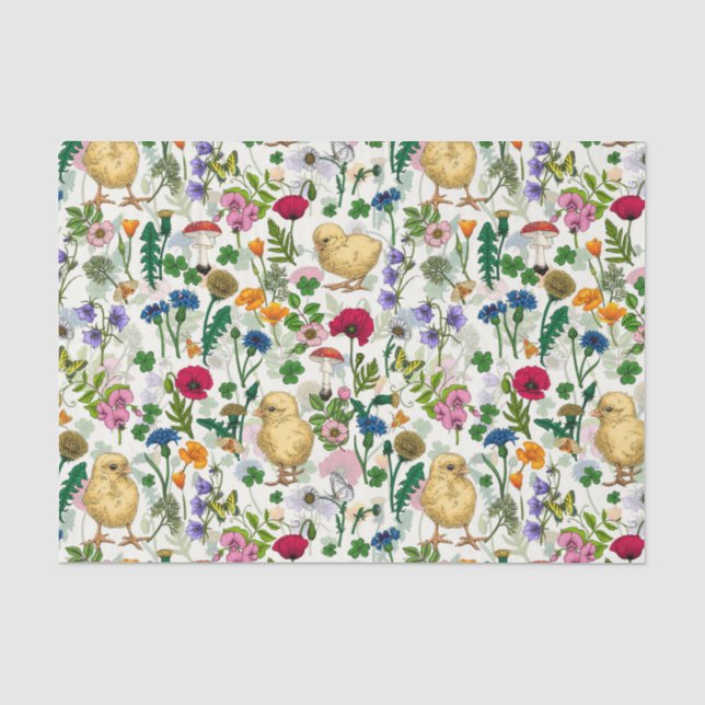 Papel De Seda Galinhas e flores silvestres em branco-claro (Frente )