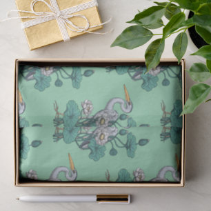 Papel De Seda Garça no Jardim do Lótus Branco sobre jade