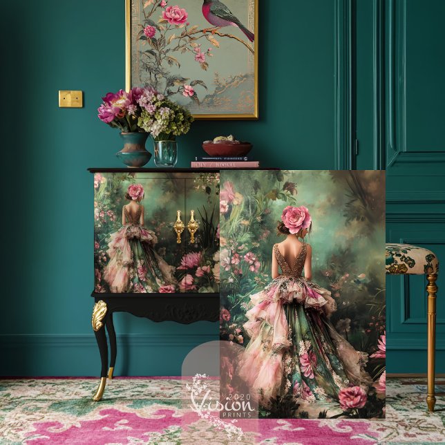 Papel De Seda Garden Romance Bouffant Elegante Lady Retrait (Garden Romance, Elegant Bouffant Portrait & Ethereal Floral Art Decoupage Tissue Paper.)