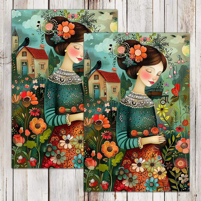 PAPEL DE SEDA GAROTA COLORIDA COM FLORES DECOUPAGEM (COLORFUL GARDEN GIRL WITH FLOWERS DECOUPAGE TISSUE PAPER)