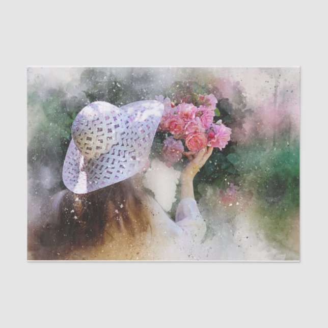 Papel De Seda Garota de Chapéu Branco Cheirando Rosas Rosa (Frente )