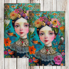 PAPEL DE SEDA GAROTA DE FLOR BOHO DECOUPAGEM