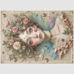 Papel De Seda Garota de Olhos Verdes com Flores e Borboletas