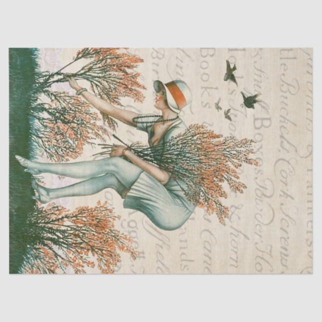 Papel De Seda Garota do estilo Flapper, juntando flores. (Frente )