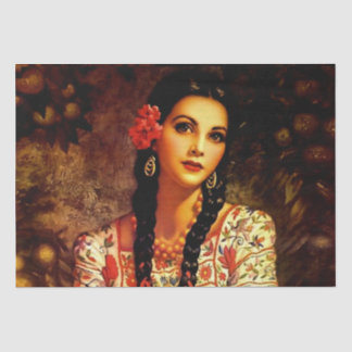 Papel De Seda Garota Pin-Up Vintage Mexicana com Tranças Longas