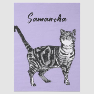 Papel De Seda Gata Tabby Preto e Branco Nome Roxo