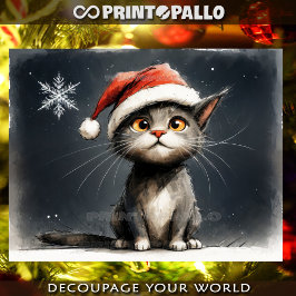 Papel De Seda Gatinho de Natal fofo com chapéu de Papai Noel