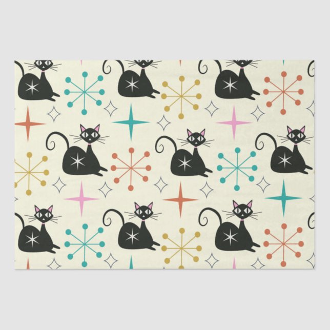 Papel De Seda Gato Atômico Negro de meio século com Starbursts (Frente )