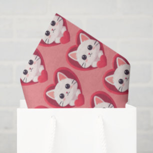 Papel De Seda Gato Branco Fofo com Coração Desenho de Kawaii Kit