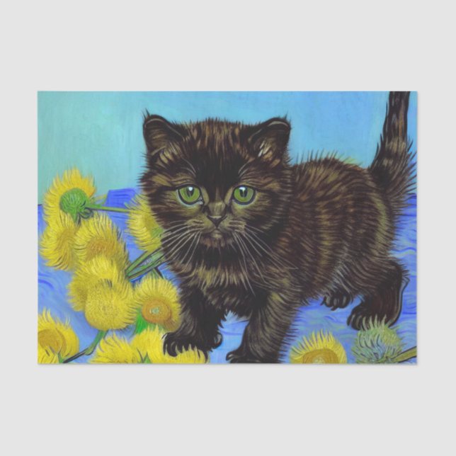 Papel De Seda Gato de estilo Van Gogh com Sunflower (Frente )