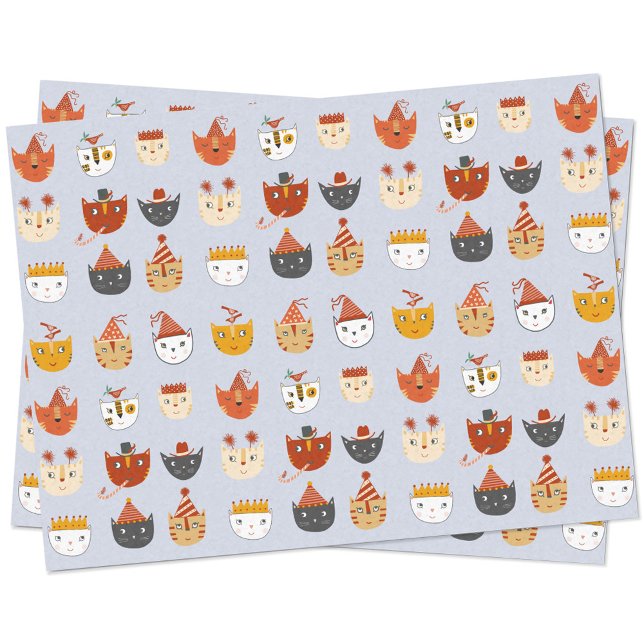 Papel De Seda Gato de Festa Corta (Cute kitty cats with party hats and crowns on tissue paper)