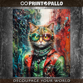 Papel De Seda Gato de rua cyberpunk com jaqueta de couro e óculo