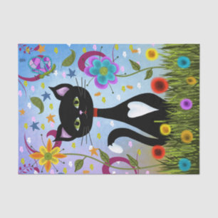 Papel De Seda Gato de Smoking Preto e Branco em um Jardim