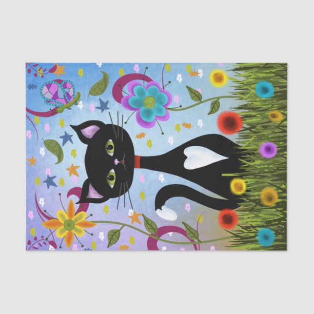 Papel De Seda Gato De Tuxedo Preto E Branco Em Um Jardim (Frente )