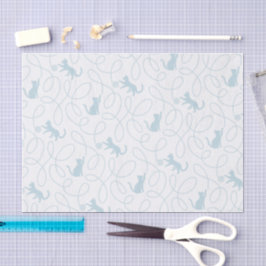 Papel De Seda Gato Divertido e Padrão de Bola de Lã Azul Claro