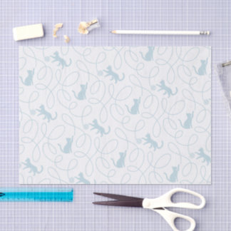 Papel De Seda Gato Divertido e Padrão de Bola de Lã Azul Claro