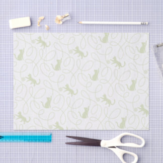 Papel De Seda Gato Divertido e Padrão de Bola de Lã Verde Sage C